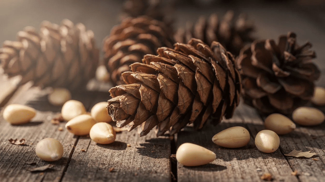 A close-up image showcases pine cones alongside scattered pine nuts on a rustic wooden surface, highlighting the natural textures and earthy tones. This scene evokes the essence of dry fruits and their culinary uses, reminiscent of the intricate processes involved in harvesting and preparing prized ingredients like saffron.