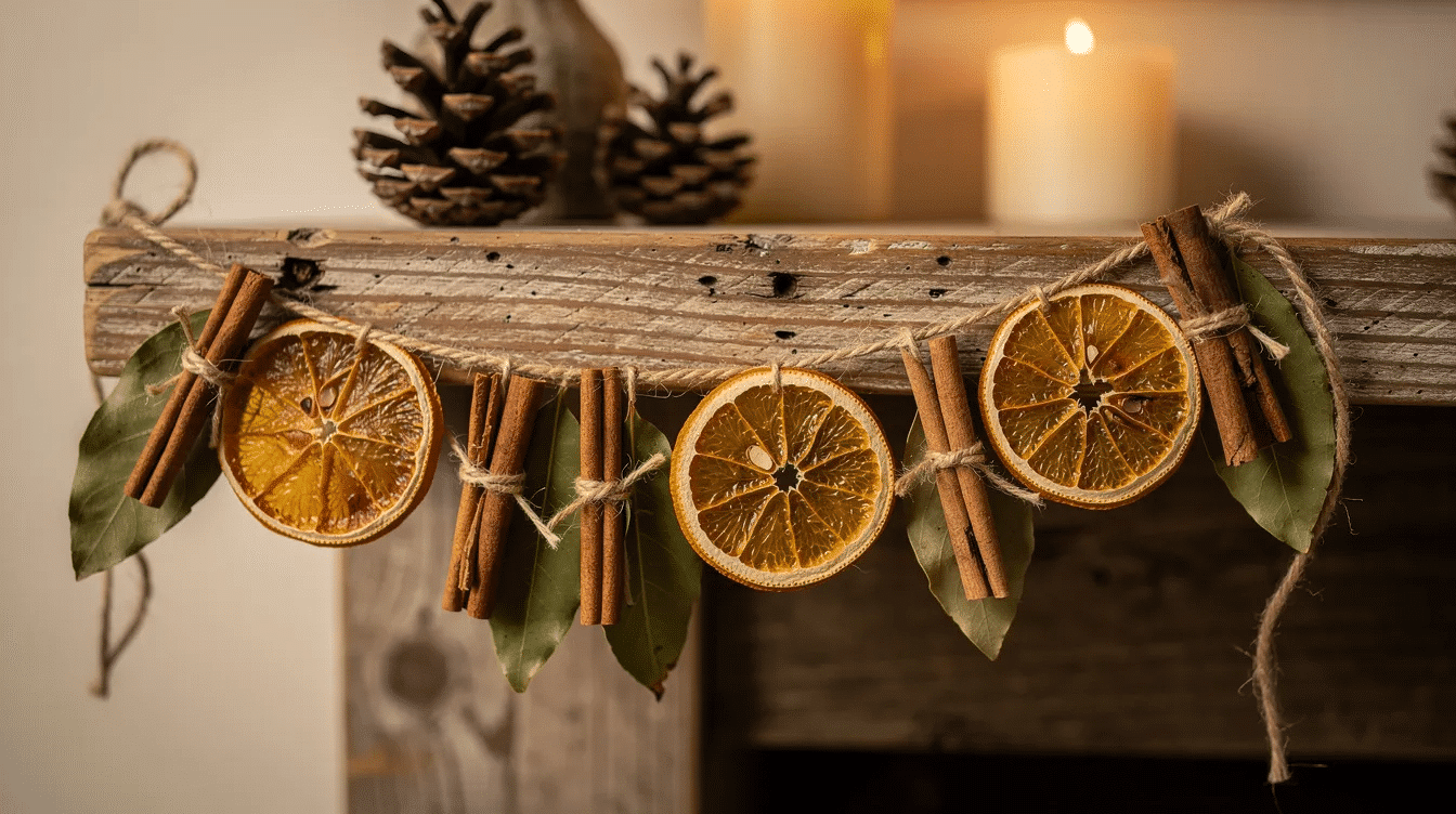 A rustic garland adorned with dried orange slices, cinnamon sticks, and bay leaves hangs elegantly on a wooden mantel, creating a warm and inviting atmosphere perfect for the holiday season. The natural ornaments emit a delightful fragrance, enhancing the cozy decor.