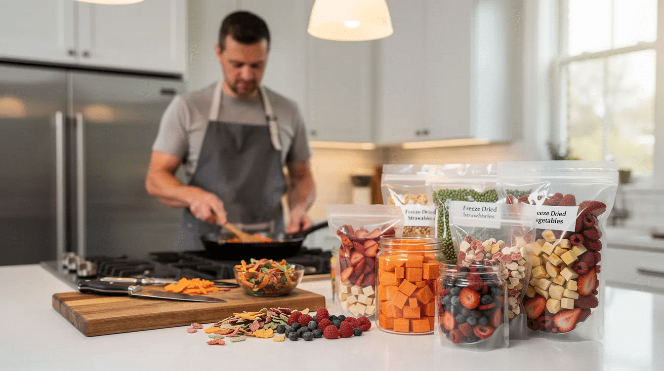 A person is cooking in a kitchen, surrounded by various freeze dried ingredients like vegetables and fruits, showcasing the versatility of freeze dried meals. The image highlights the ease of preparing nutritious meals by simply adding water, making it ideal for emergency food supplies and long-term storage.