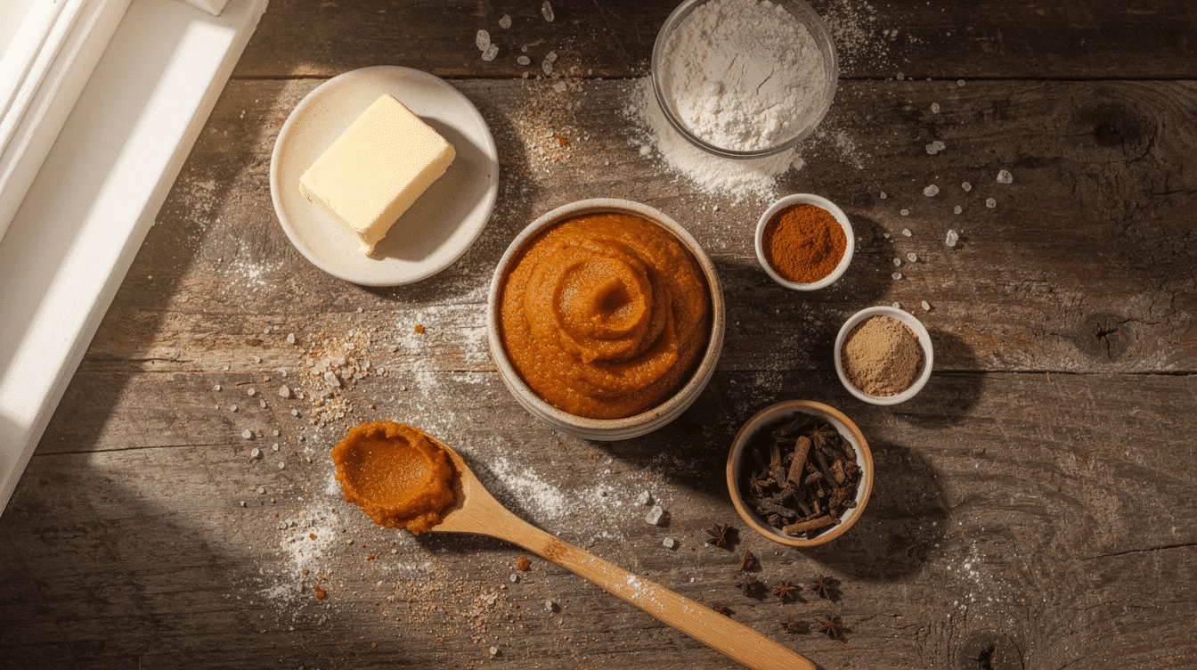 The image shows a wooden surface covered with various baking ingredients for a pumpkin delight cookie recipe, including a bowl of pumpkin puree, spices, butter, and flour. Nearby, there's a pumpkin-shaped cookie cutter and a small bowl of brown sugar, all prepared for making delicious pumpkin cookies.