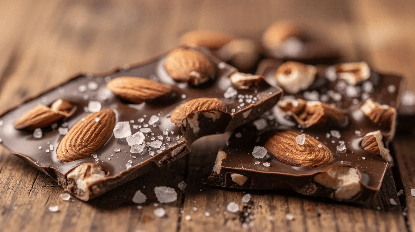The image features pieces of dark chocolate bark, adorned with visible sea salt crystals and scattered almonds, resting on a rustic wooden surface. The rich texture of the chocolate contrasts beautifully with the crunchy nuts and the glistening salt, creating an appetizing display.