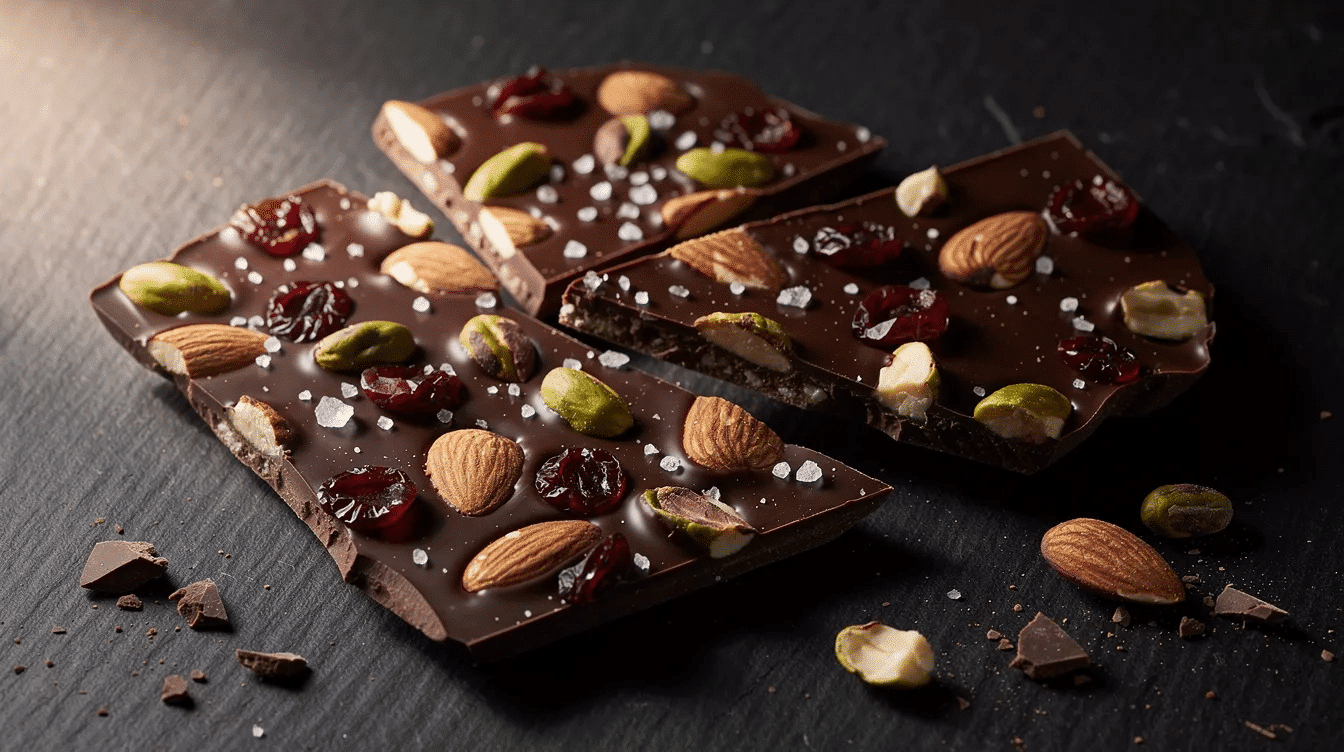 The image features a delicious assortment of dark chocolate bark, beautifully arranged on a baking sheet lined with parchment paper. The chocolate mixture is generously sprinkled with flaky sea salt, dried cranberries, and roasted nuts, creating a tempting treat perfect for chocolate lovers.