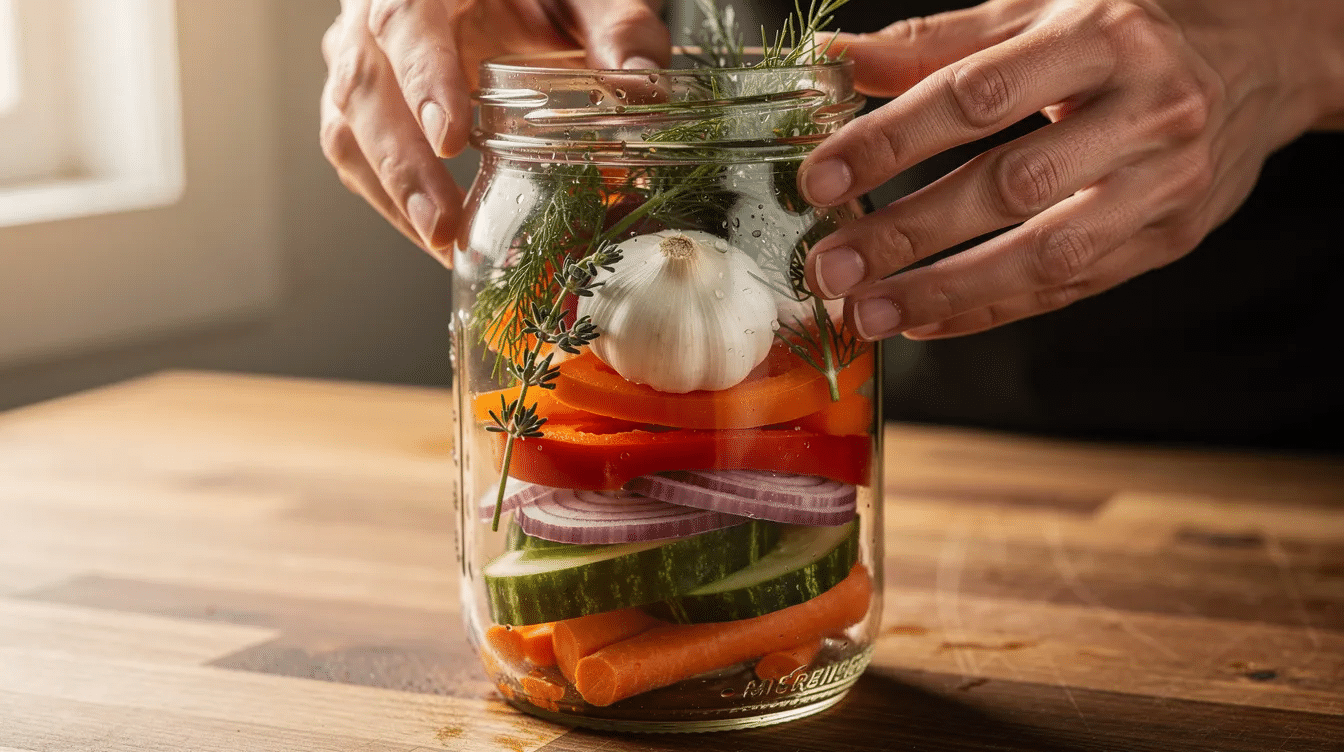 A pair of hands is seen packing sliced cucumbers and red onions into a glass canning jar, accompanied by garlic cloves and fresh dill, as part of the process of making quick pickled cucumbers. The jar is prepared for canning with a vinegar mixture and various pickling spices, emphasizing the homemade pickles theme.