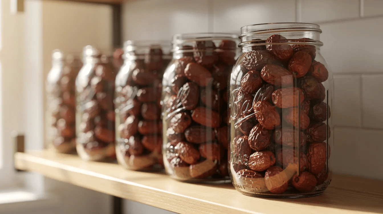 The image features glass mason jars filled with dried red-brown jujube fruits, also known as Chinese dates, displayed on a kitchen shelf. These dried jujubes, which are often enjoyed for their sweet taste and health benefits, are a result of the drying process that preserves their nutrients and flavor.
