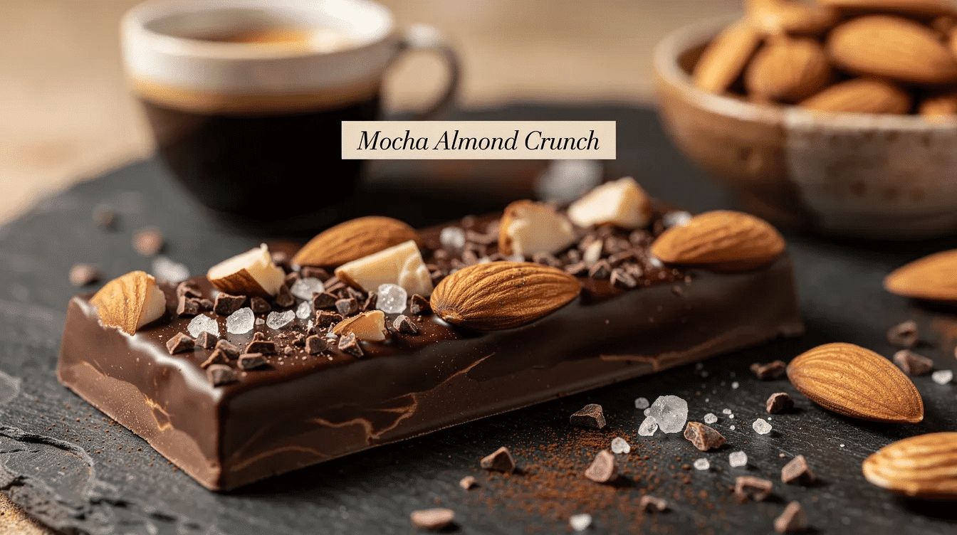 The image features a delicious Mocha Almond Crunch, showcasing a vibrant layer of dark chocolate infused with espresso powder, topped with crunchy roasted almonds, cacao nibs, and a sprinkle of smoked sea salt. This sweet and salty chocolate bark is elegantly arranged on parchment paper, ready to be enjoyed as a delightful dessert.