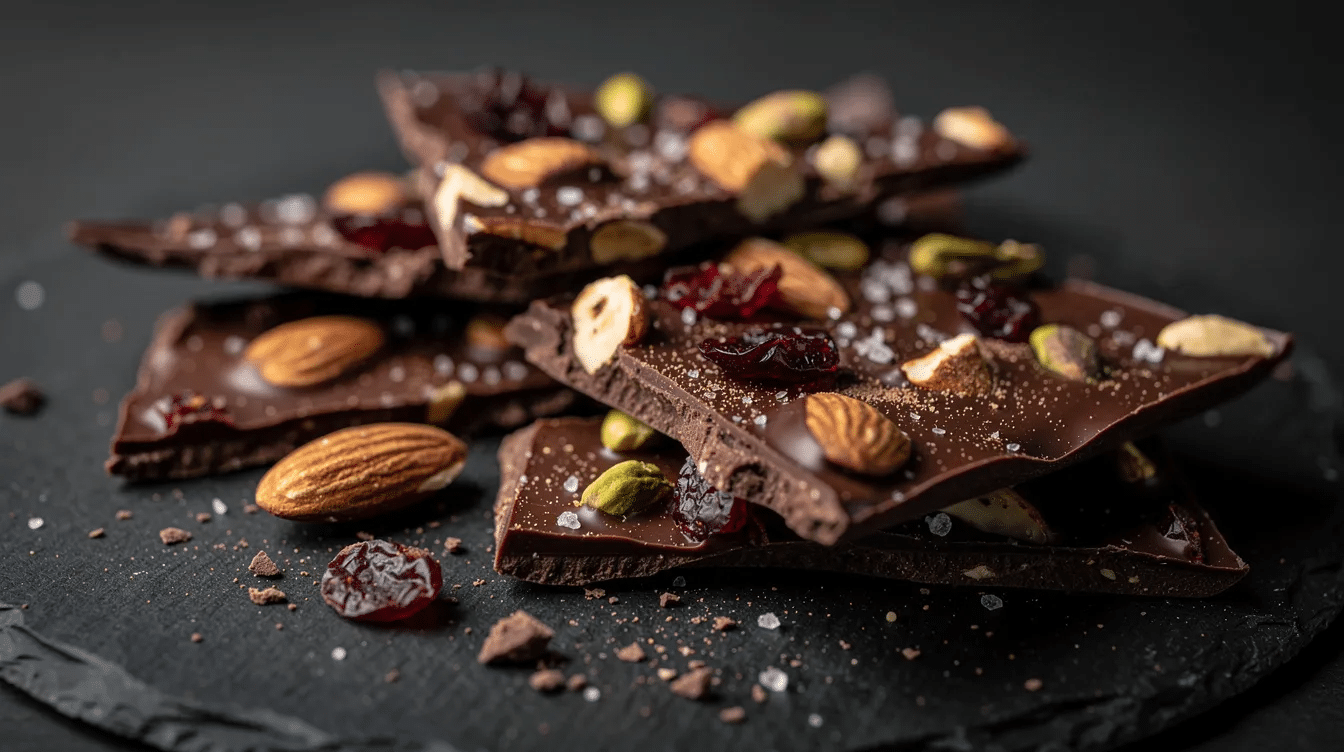 The image features a delicious assortment of dark chocolate bark, beautifully arranged on a baking sheet lined with parchment paper. The chocolate mixture is generously sprinkled with flaky sea salt, dried cranberries, and roasted nuts, creating a tempting treat perfect for chocolate lovers.