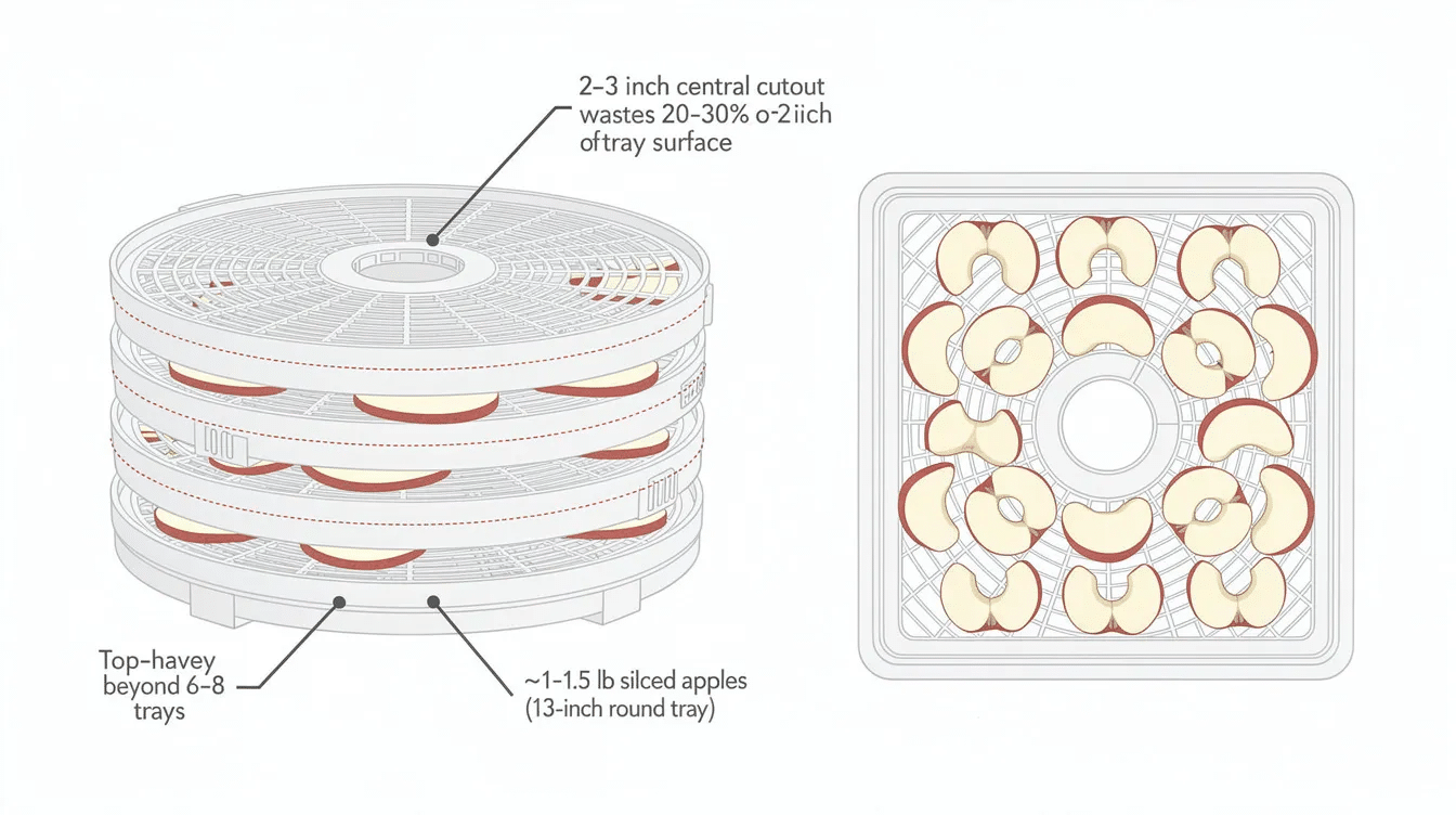 September 14, 2026 | The image depicts a round stackable food dehydrator with multiple trays, showcasing its central hole design that sacrifices some tray surface area for compact storage. This model is ideal for preserving food like fruits and vegetables, but may have reduced capacity compared to larger dehydrators.