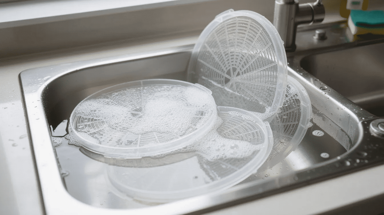 September 15, 2026 | The image shows clean dehydrator trays soaking in a kitchen sink filled with hot soapy water, ready for cleaning to prevent food from sticking during the dehydration process. The trays, made of plastic mesh, are designed to hold various foods like fruits and vegetables while allowing air circulation for effective drying.