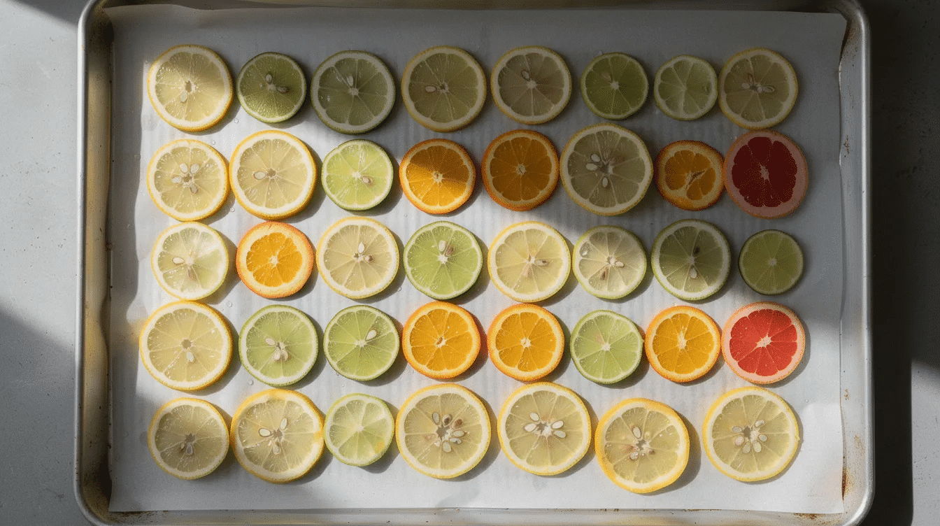 Thin lemon, lime, and orange slices are neatly arranged in rows on a parchment-lined baking sheet, ready to be dried for use in holiday crafts and decorations. These vibrant citrus slices will make lovely natural ornaments, adding a fragrant touch to any Christmas tree or garland.