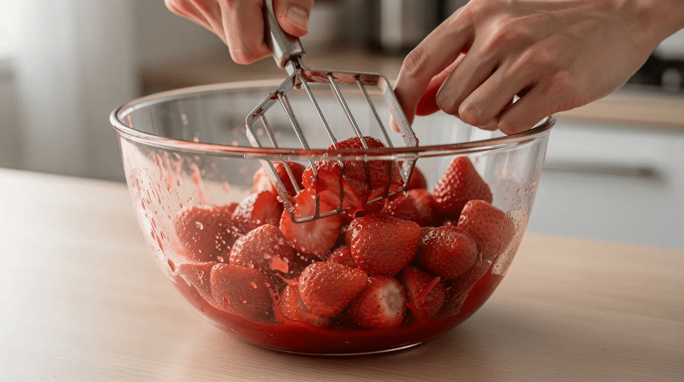 Hands are using a potato masher to crush fresh strawberries in a large glass bowl, preparing a strawberry mixture for homemade strawberry freezer jam. The mashed strawberries will soon be combined with ingredients like honey and lemon juice to create a delicious jam.