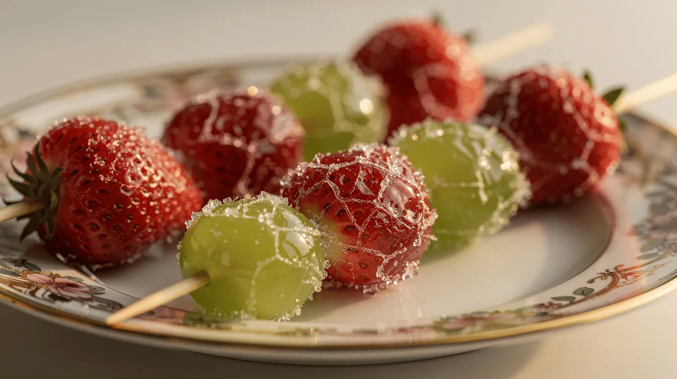 A decorative plate showcases glossy candied fruit skewers, featuring vibrant strawberries and grapes coated in a crystalline sugar layer. This delightful arrangement highlights the sweet and festive nature of candied fruit, perfect for any dessert table.