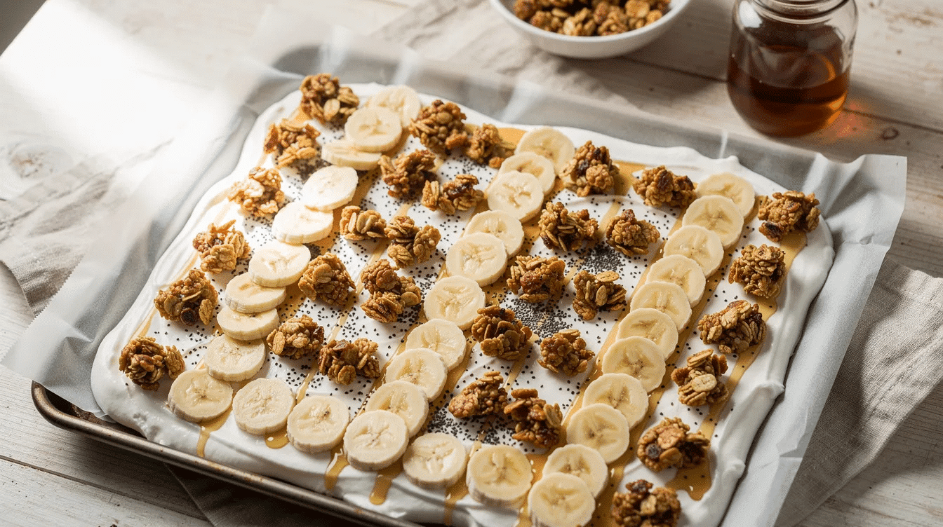 The image features a delicious breakfast granola yogurt bark made with creamy Greek yogurt sweetened with pure maple syrup, topped with low-sugar granola, chia seeds, and sliced banana, all spread on a parchment-lined baking sheet. This healthy snack combines nutritious ingredients for a satisfying treat that is both easy to prepare and visually appealing.