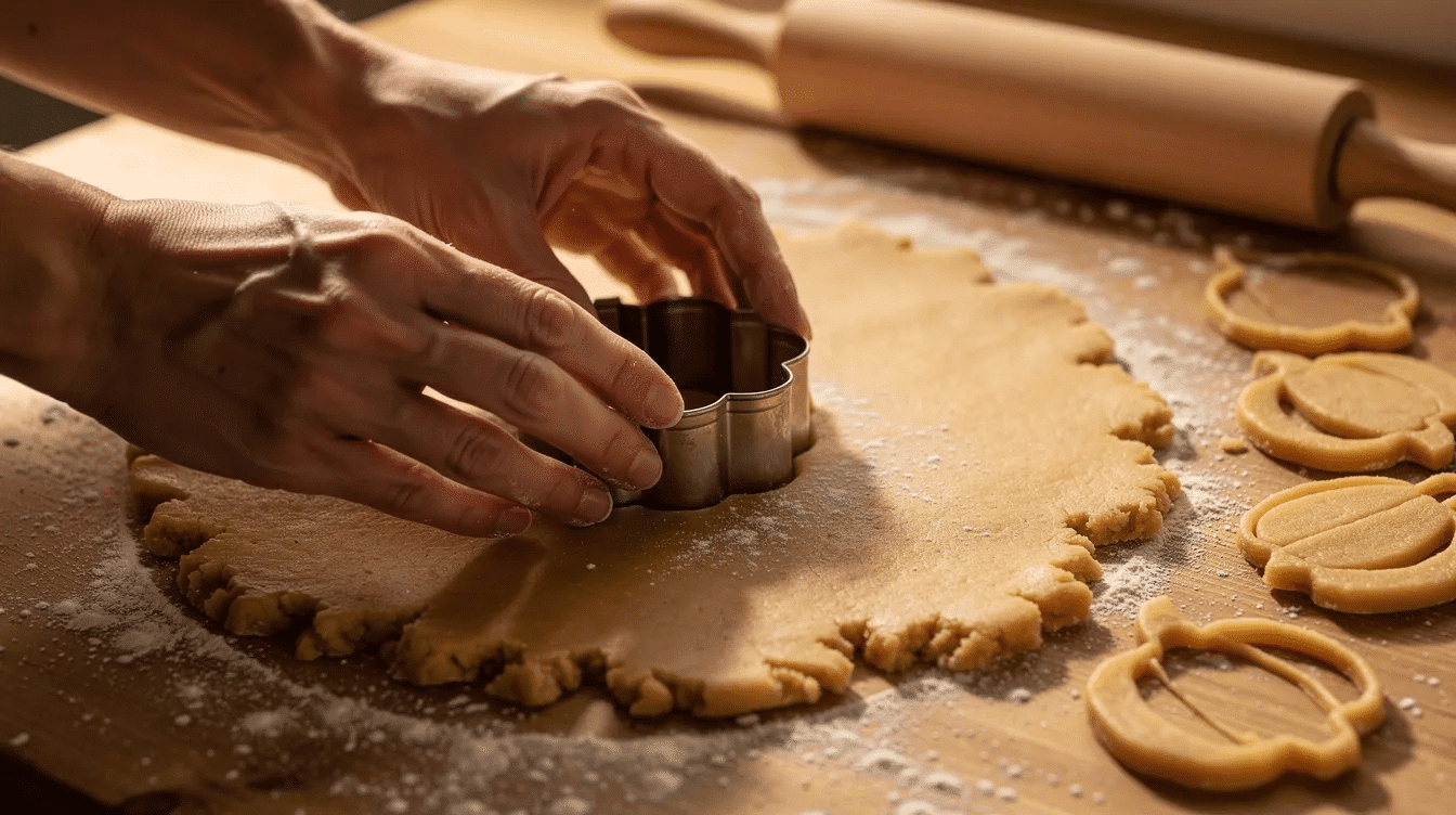 A pair of hands is using a pumpkin-shaped cookie cutter to cut out shapes from rolled cookie dough on a lightly floured surface, preparing for a delicious batch of pumpkin delight cookies. The scene captures the festive spirit of baking with the iconic pumpkin shape, perfect for fall treats.