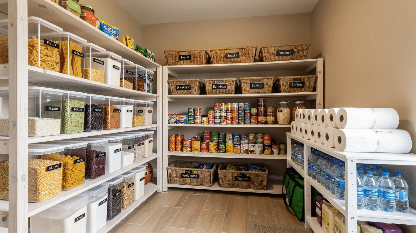 The image shows a well-organized family's pantry filled with various food storage containers, including freeze dried foods, nutritious meals, and dehydrated snacks. The shelves are stocked with items like freeze dried fruits, vegetables, and complete meals, emphasizing long term storage and emergency food supplies for extended shelf life.