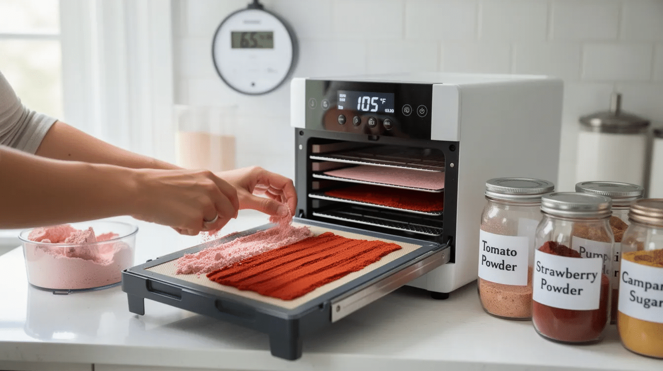 The image depicts a liquid dehydrator setup with dehydrator trays filled with various homemade dehydrated powders, such as tomato and berry, spread thinly on parchment paper. The process emphasizes the importance of air circulation and proper drying temperature to prevent clumping and maintain free-flowing consistency.