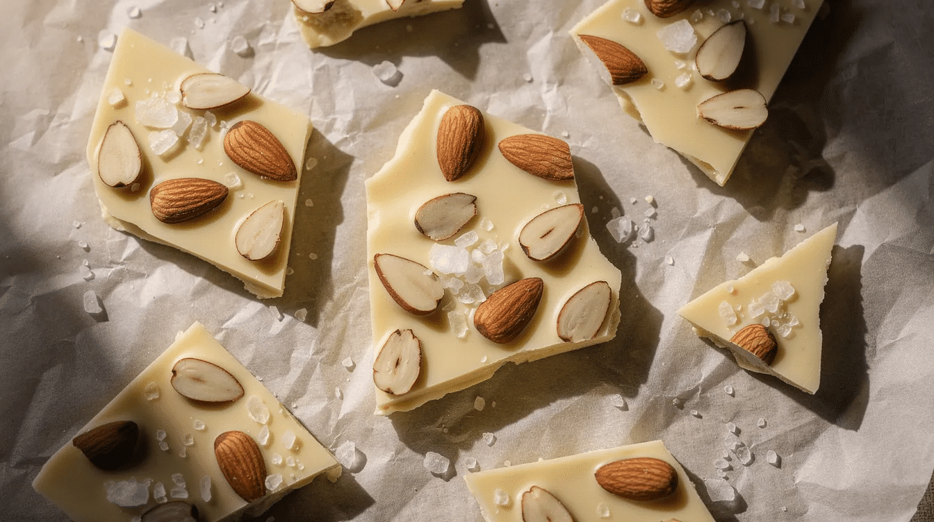 An overhead view showcases scattered pieces of white chocolate bark on parchment paper, adorned with roasted almonds and a sprinkle of sea salt flakes. The creamy white chocolate contrasts beautifully with the crunchy almonds, creating a visually appealing and delicious treat.