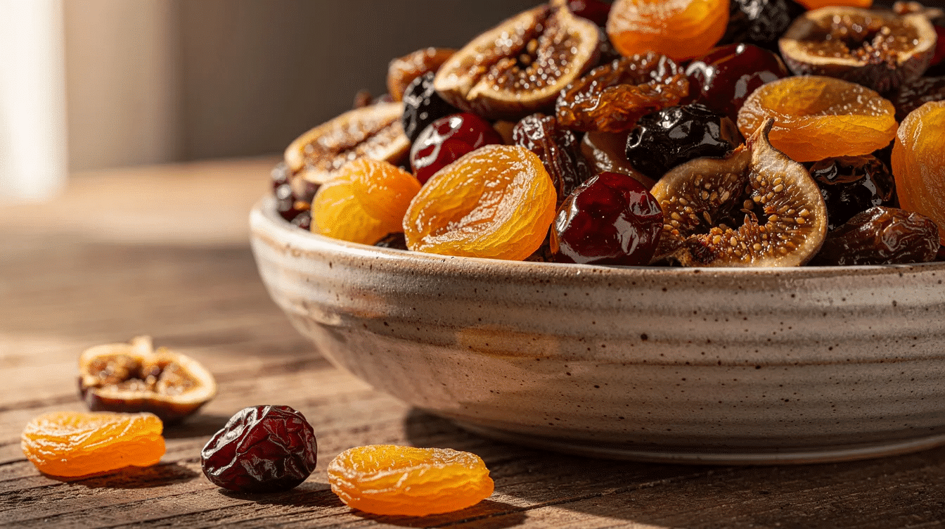 A vibrant bowl filled with a variety of mixed dried fruits, including golden raisins, dried apricots, dried cherries, and figs, is beautifully arranged on a rustic wooden surface. This colorful assortment of dried fruit could be a delightful addition to a homemade fruit cake or enjoyed as a healthy snack.