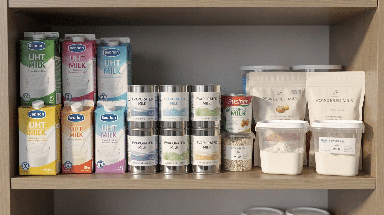 The image shows a variety of dairy storage options neatly arranged on pantry shelves, including UHT milk cartons, canned evaporated milk, and containers of powdered milk, all of which are shelf stable and ideal for food preservation. These products represent different methods of canning milk and storing dairy products for long-term use.