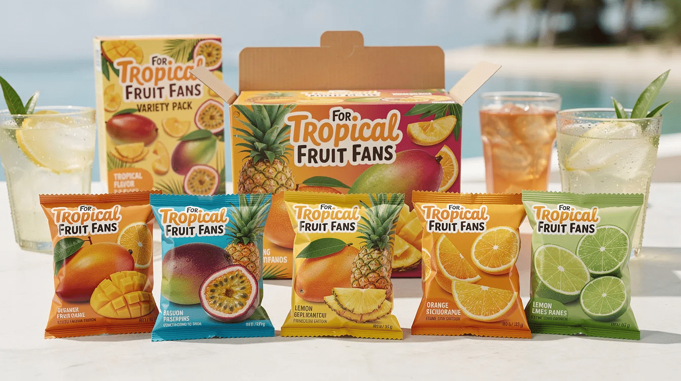 The image showcases a vibrant assortment of tropical fruit snacks, featuring colorful square treats with flavors like mango, pineapple, and passion fruit, all arranged in a bright, eye-catching box. This delightful collection is perfect for summer snacking, evoking the taste of vacation with each fruity bite.