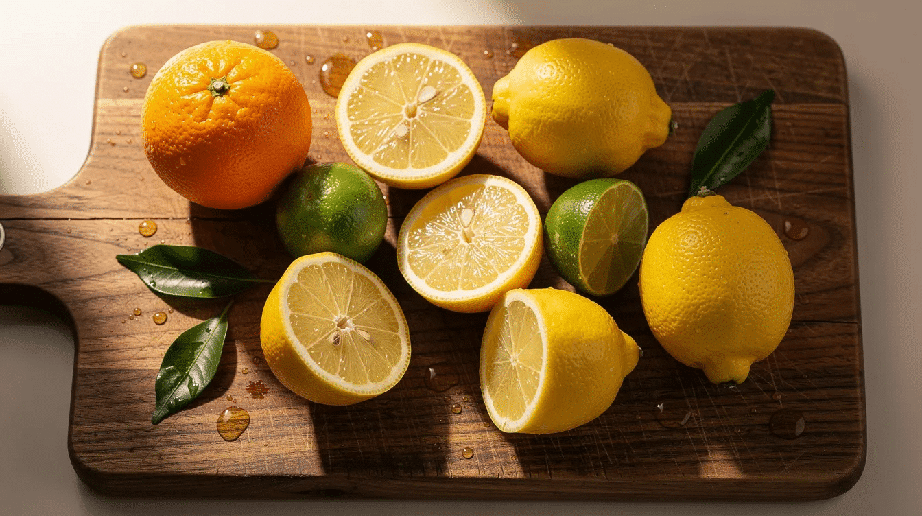 The image features a vibrant arrangement of fresh citrus fruits, including oranges, lemons, and limes, artfully displayed on a wooden cutting board. The colorful fruit slices are perfect for creating natural ornaments or festive decorations for the holiday season.