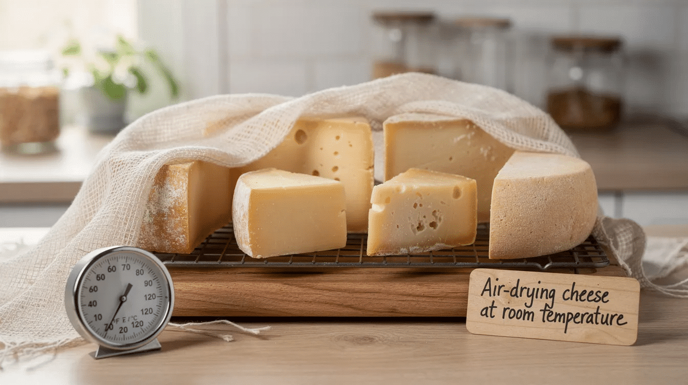 The image shows a tray of various types of cheese, including cheddar and parmesan, air-drying at room temperature on a kitchen countertop. The drying process is carefully monitored to prevent bacterial contamination, ensuring the cheese can be stored properly for long-term use.