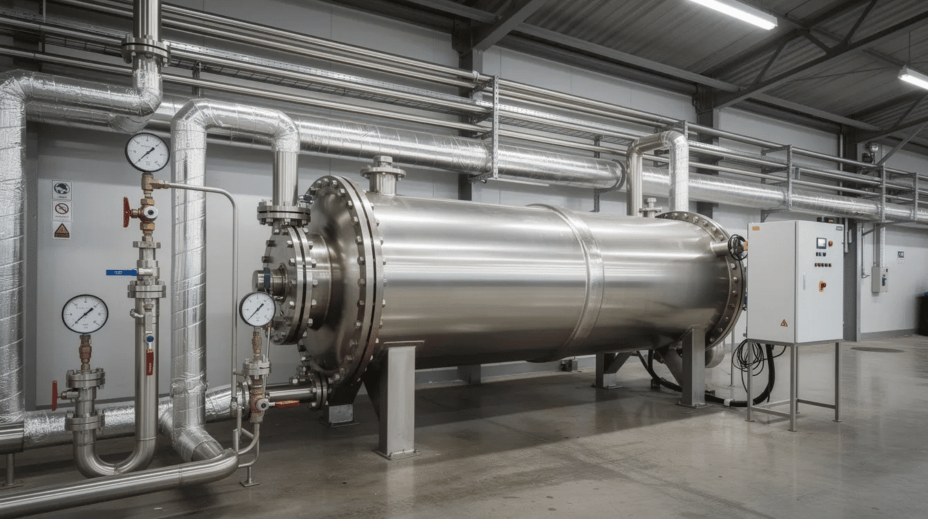The image depicts industrial vacuum dehydrator equipment in a factory, featuring stainless steel trays, pipes, and gauges that monitor the dehydration process. This machinery is essential for food preservation, effectively removing free water from fruits, vegetables, and meats to create dehydrated food products.