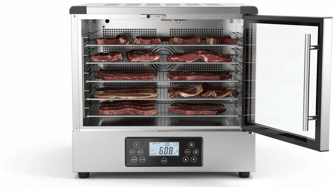 The image features a meat 6 tray dehydrator with six stackable stainless steel trays designed for drying various foods, including meat, fruits, and vegetables. It showcases adjustable temperature settings ranging from 90 to 167 degrees Fahrenheit, ensuring even cooking with 360-degree circulation, and highlights its dishwasher-safe construction for easy cleaning.