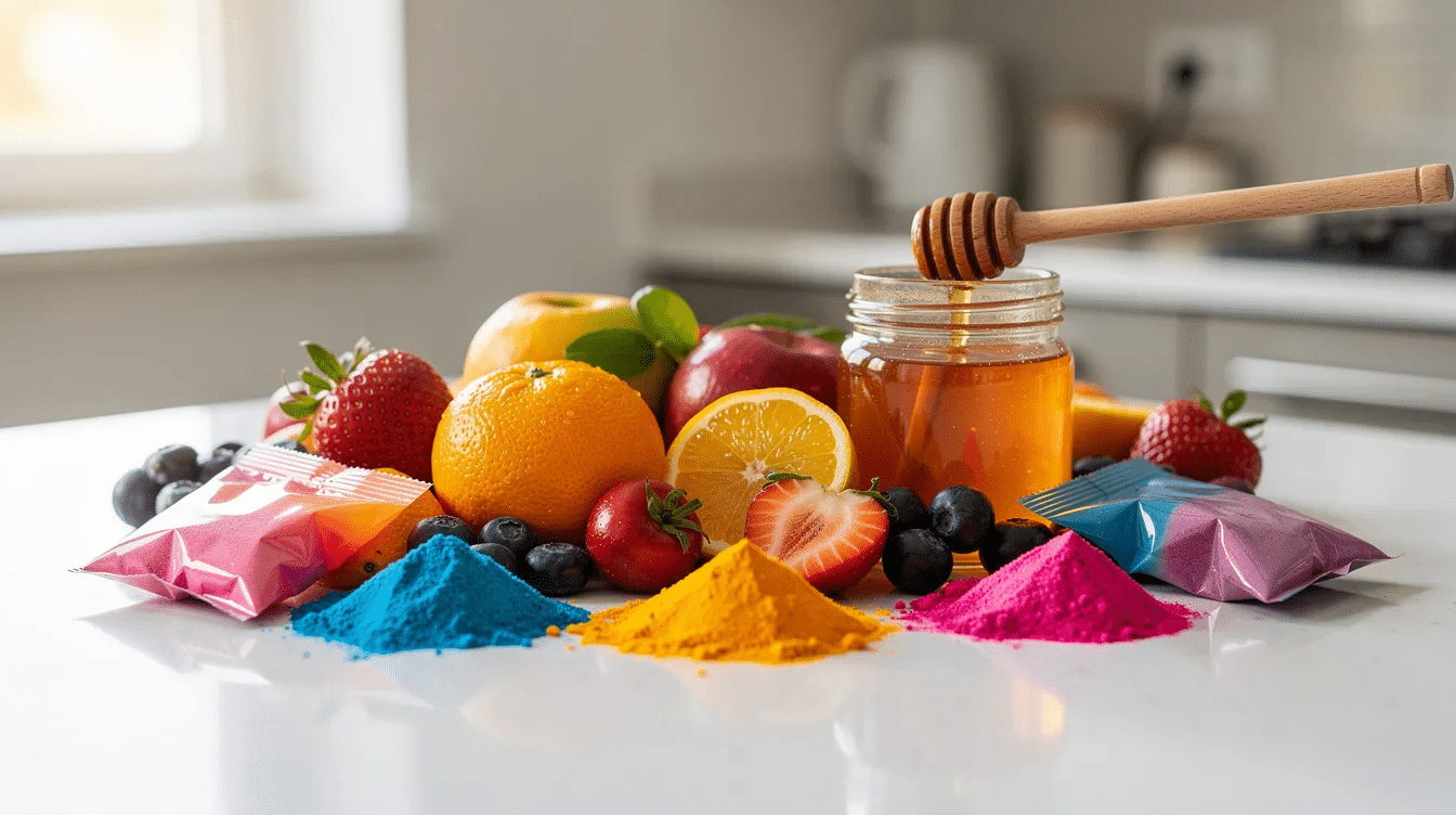 The image features a vibrant assortment of fresh fruits, including mango, pineapple, and orange, artfully arranged next to a jar of honey and a container of gelatin powder on a kitchen counter. This colorful display hints at the ingredients for making healthy homemade gummy bears, showcasing a delightful and nutritious approach to sweets.