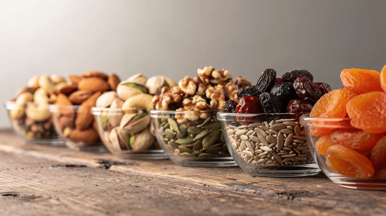 The image features small glass bowls filled with a variety of nuts, seeds, and dried fruits, including almonds, pumpkin seeds, and dried cranberries, all neatly arranged in a row on a wooden surface. This colorful display highlights healthy snack options that could be used in recipes for chocolate bark or yogurt bark.