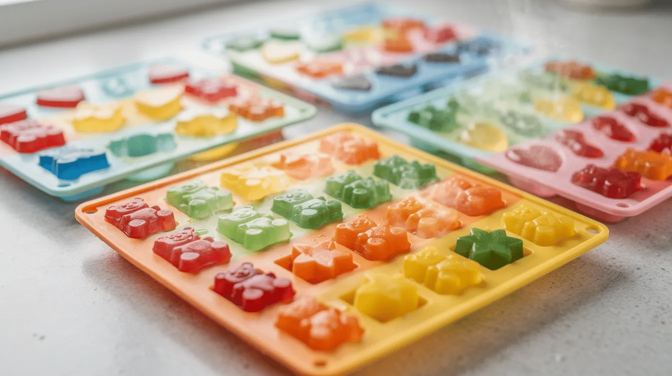 The image shows silicone candy molds filled with vibrant, colorful gummy shapes, such as bears and fruits, cooling on a countertop. These homemade fruit snacks are made from a mixture of fruit puree and gelatin, showcasing a fun and healthy alternative to store-bought options.