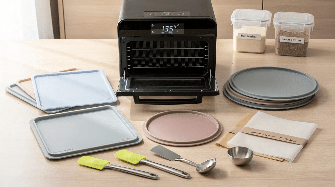 The image showcases essential equipment for a liquid dehydrator setup, including a temperature-controlled food dehydrator with trays, silicone sheets, and spreading tools. These accessories are designed to efficiently dehydrate liquids, ensuring optimal air circulation and preventing mess during the drying process.