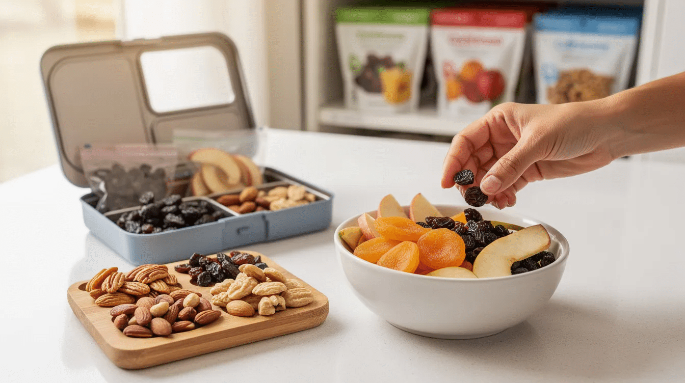 An assortment of California dried fruits, including raisins, dried apricots, and apple slices, is displayed alongside a handful of nuts, creating a nutritious and convenient snack option. This colorful mix represents healthy choices from California orchards, perfect for lunch boxes or quick energy boosts on busy days.