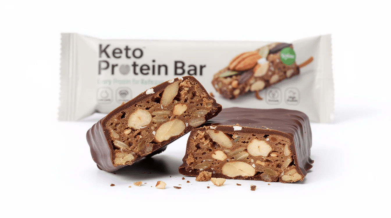 The image features a variety of keto protein bars, showcasing flavors like dark chocolate coconut almond and peanut butter chocolate chunk. These keto-friendly snacks are designed for low carb diets, emphasizing healthy fats and high protein content, perfect for those looking to satisfy their sweet tooth while adhering to their keto diet.