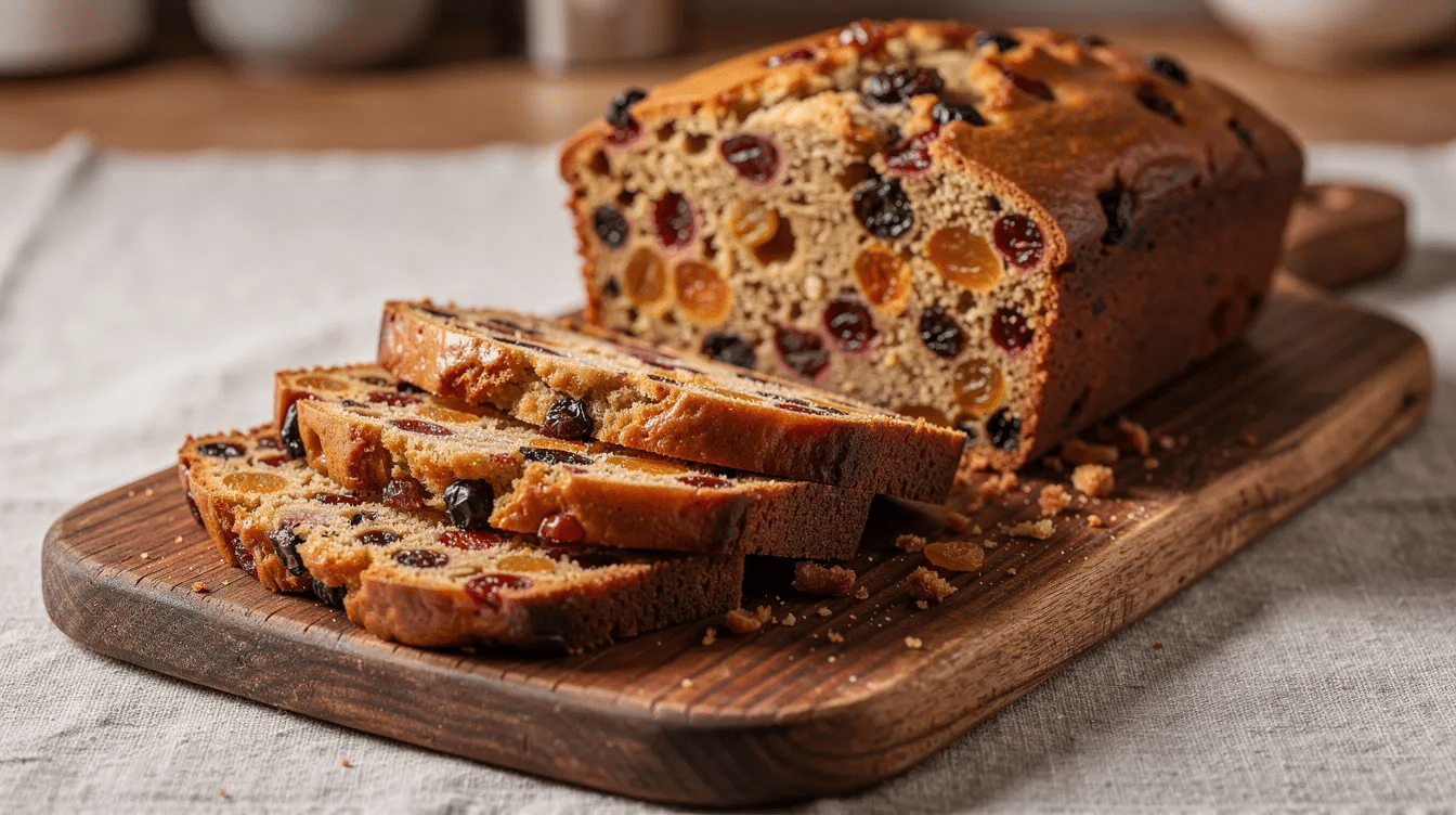 The image depicts thin slices of a moist fruit cake arranged on a wooden cutting board, showcasing a colorful assortment of dried fruit pieces, including golden raisins, dried cherries, and candied ginger. The cake's rich texture and vibrant fruit mixture suggest a delightful homemade dessert perfect for the holiday season.