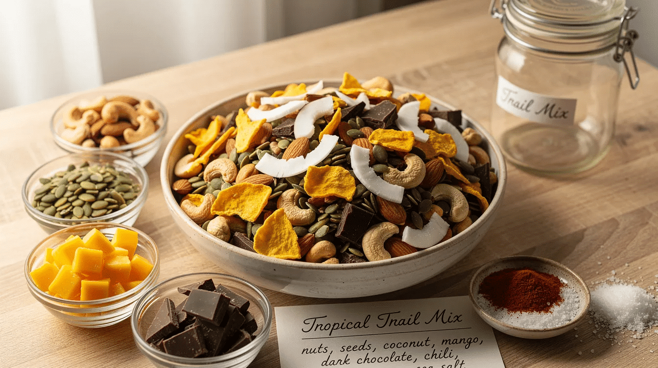 The image showcases a vibrant custom tropical trail mix, featuring a mix of roasted nuts, pumpkin seeds, coconut flakes, and bite-size freeze dried mango pieces, all beautifully arranged in a bowl. This delicious blend is perfect for snacking and offers a delightful combination of tropical flavors, with the option to add a savory twist using sea salt and chili powder.