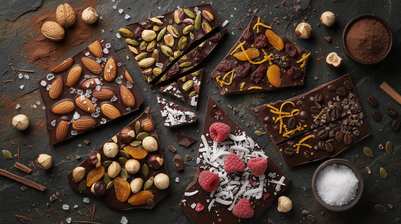 The image showcases an assortment of dark chocolate bark topped with various ingredients such as dried fruit, roasted nuts, and a sprinkle of flaky sea salt, all arranged on a baking sheet lined with parchment paper. The rich, glossy chocolate mixture glistens, inviting viewers to explore the delicious variations of this easy chocolate recipe.