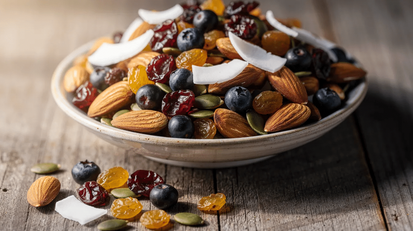 A vibrant bowl of colorful trail mix featuring almonds, pumpkin seeds, coconut flakes, and dried berries, providing a nutritious snack that supports blood sugar management and overall health. This mix is rich in essential nutrients and healthy fats, making it a delicious option for people with diabetes or those seeking a refreshing snack.