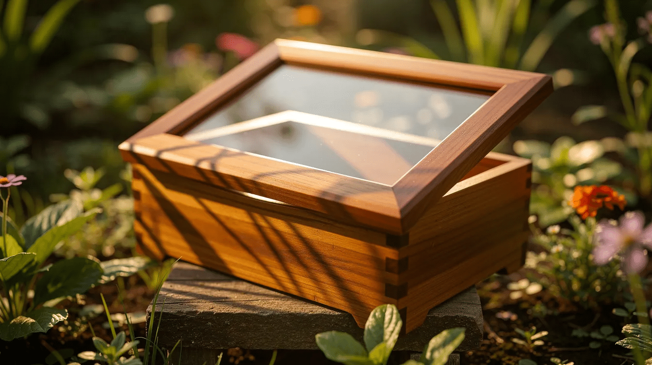 A wooden box with a glass top, designed as a DIY food dehydrator, is angled toward the sun in a garden setting, allowing sunlight to heat the interior. The box features drying racks and a door panel, creating an effective environment for preserving food like apple slices and jerky using solar energy.