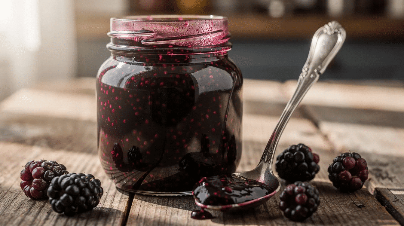 The image depicts a vibrant spread of homemade blackberry jelly in prepared jars, showcasing the rich purple color of the jelly made from fresh blackberries. Nearby, a potato masher and a fine mesh strainer hint at the canning process used to create this delicious low sugar blackberry jam recipe, perfect for preserving the flavors of blackberry season.