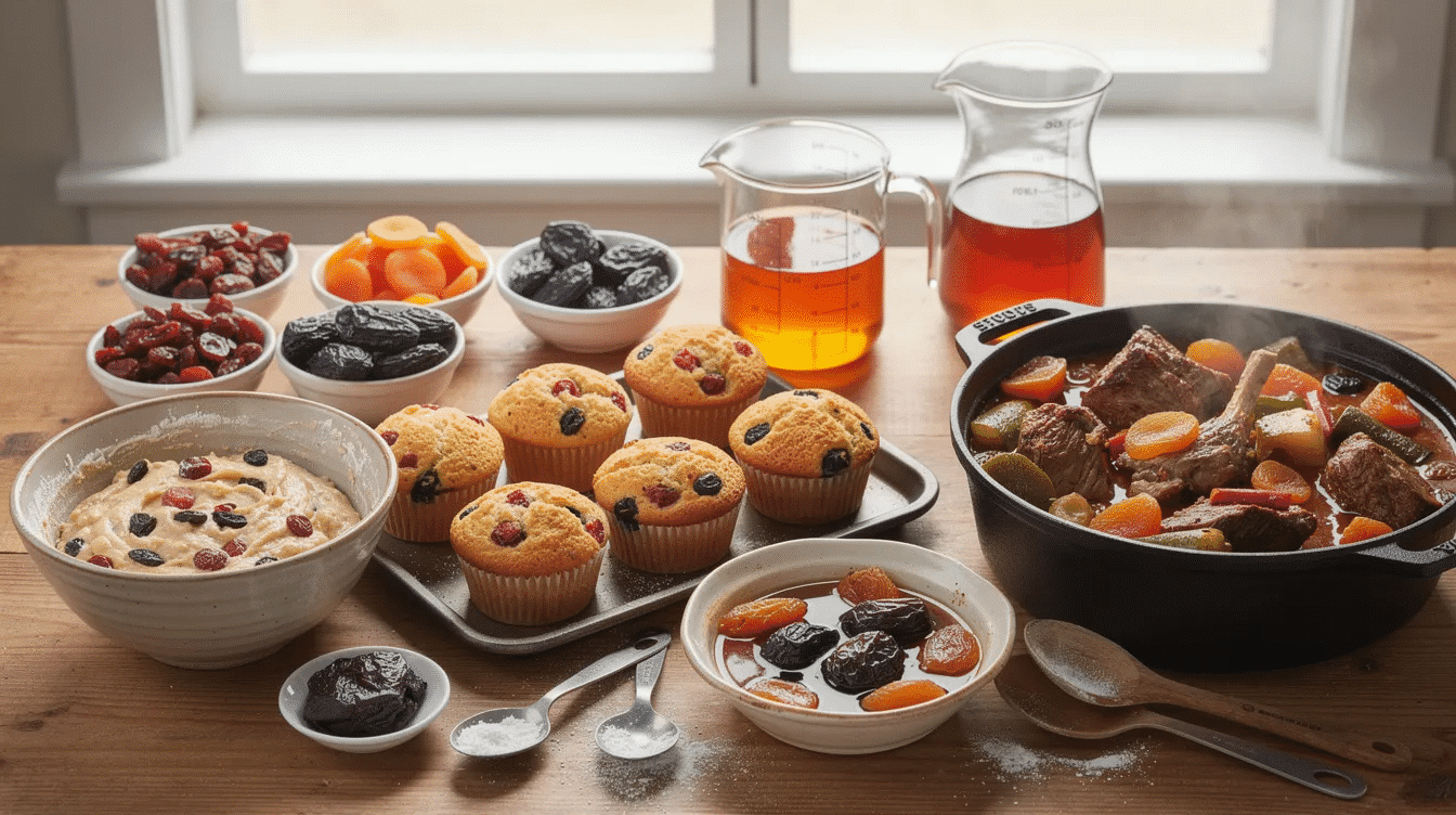 An assortment of dried fruits, including sweetened cranberries, dried apricots, raisins, and prunes, is beautifully arranged on a wooden surface, showcasing their vibrant colors and textures. These California dried fruits are perfect for enhancing both sweet and savory dishes, offering unique qualities that elevate recipes from muffins to tagines.
