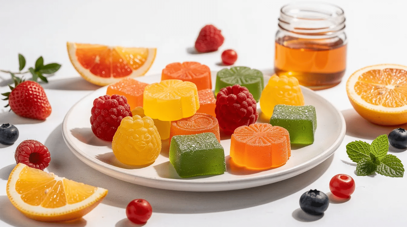 The image features a colorful assortment of healthy gummy sweets, including homemade gummy bears made from real fruit juice like mango and lemon, displayed on a baking sheet. These chewy treats are crafted with organic ingredients such as grass-fed gelatin and sweetened with natural options like honey and monk fruit, making them a delicious and nutritious snack.
