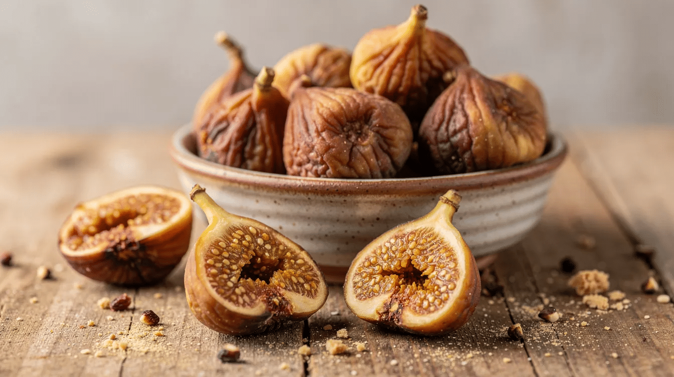 The image features a close-up of dried figs, showcasing their dark brown color and slightly wrinkled texture, which highlights their natural sweetness. Known for their incredible health benefits, these dried fruits are rich in essential nutrients that support heart health, digestive health, and overall well-being.