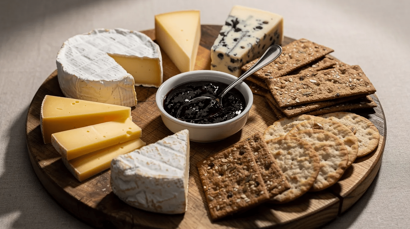 A rustic wooden cheese board is elegantly arranged with a variety of cheeses, crunchy crackers, and a small bowl of dark fig jam, complete with a serving spoon. The spread offers a delightful combination of flavors, perfect for an appetizer or a tasty breakfast treat.