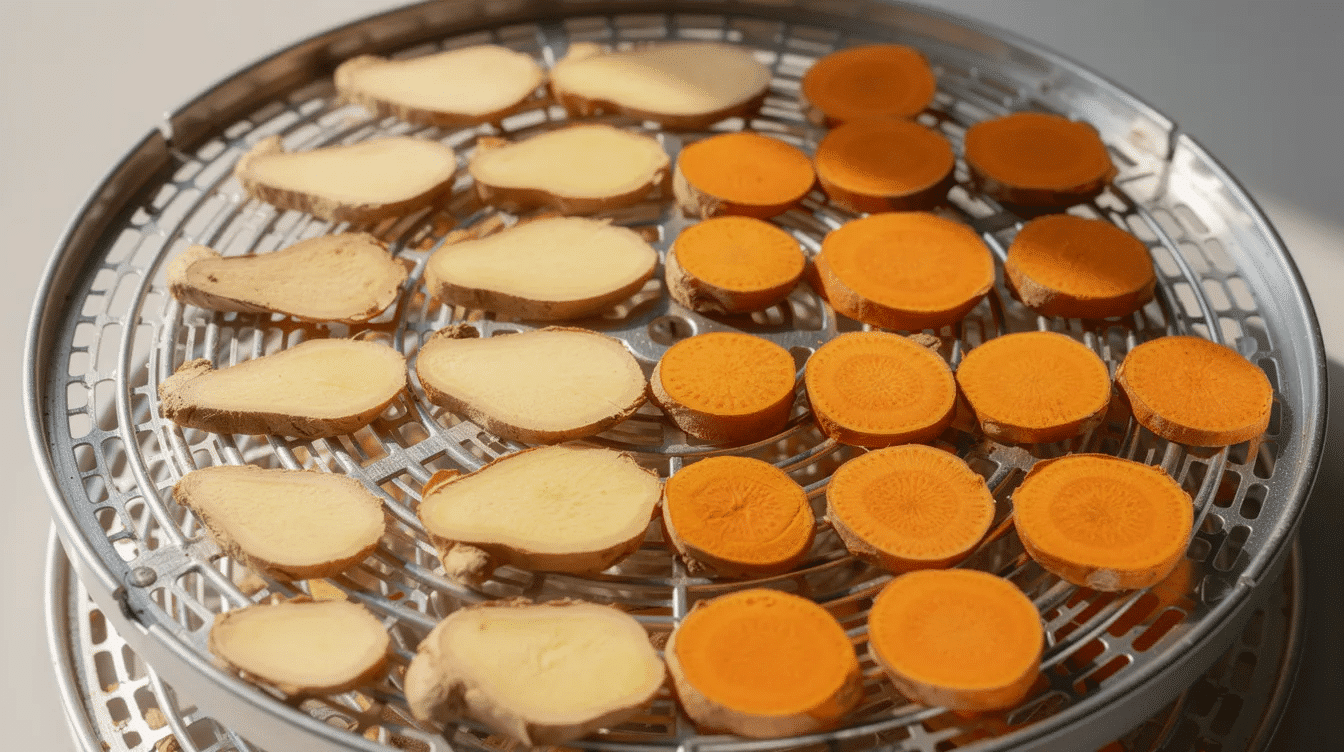 Sliced ginger and turmeric root coins are neatly arranged on metal dehydrator trays, showcasing the vibrant colors of the fresh herbs. This setup is ideal for preserving food and enhancing flavors, as the dehydrator will effectively remove moisture while maintaining the potency of these home-dried spices.