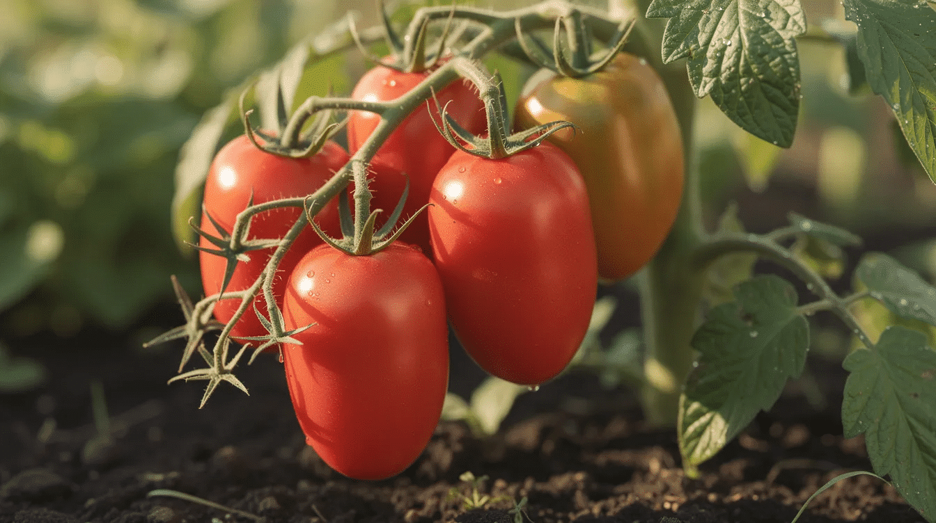 The image shows ripe paste tomatoes hanging on the vine in a sunny garden, showcasing vibrant red fruits ready for harvesting. These tomatoes are ideal for canning, perfect for making sauces, salsa, or even tomato juice.