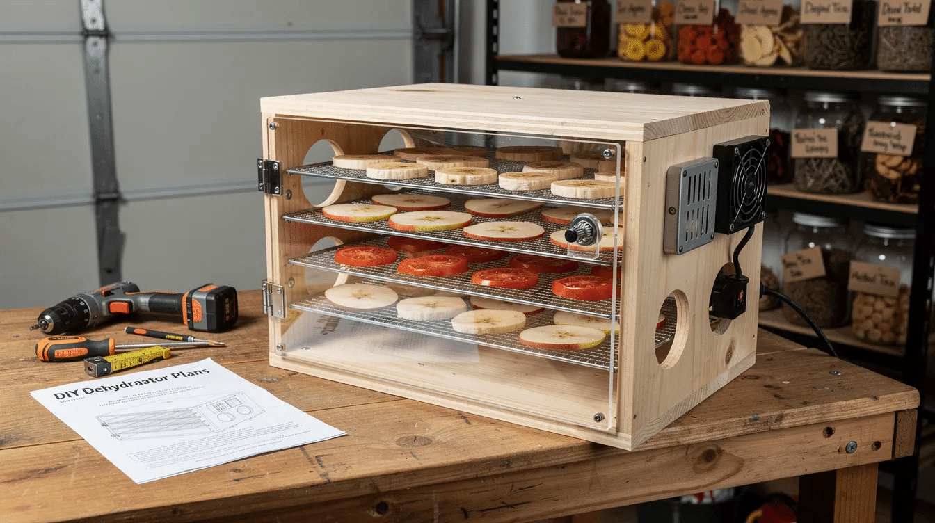 The image shows a DIY food dehydrator made from scrap wood, featuring a wooden frame with a door panel and drying racks. The unit is designed to utilize heated air from incandescent light bulbs and a small fan to dehydrate food like apple slices and jerky, while ensuring proper air flow through the galvanized screens.