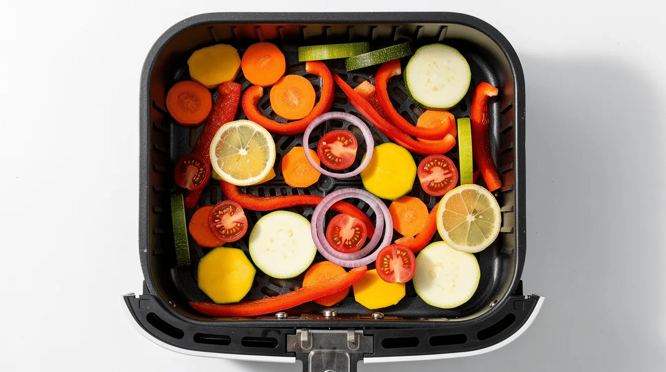 A black air fryer basket holds a vibrant assortment of thinly sliced fruits and vegetables, including apples, cucumbers, and grape tomatoes, arranged in a single layer, ready to dehydrate into delicious healthy snacks. The cooking process utilizes hot air to create crispy, flavorful air fryer apple chips and air fryer dehydrated apricots.