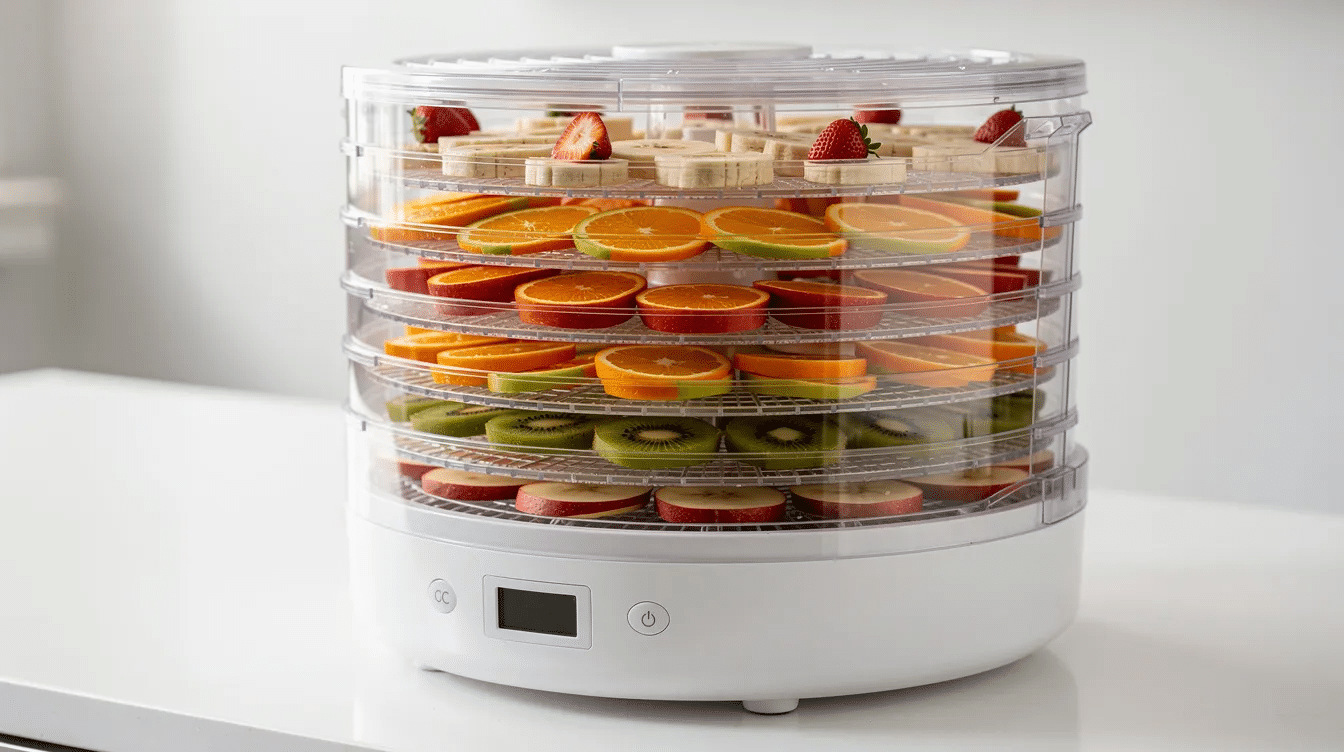 An electric food dehydrator is filled with multiple round trays containing sliced pieces of fresh jujube fruit, showcasing the drying process to create delicious dried jujube. The machine utilizes hot air to reduce moisture content, preserving the sweet taste and health benefits of these nutritious fruits.