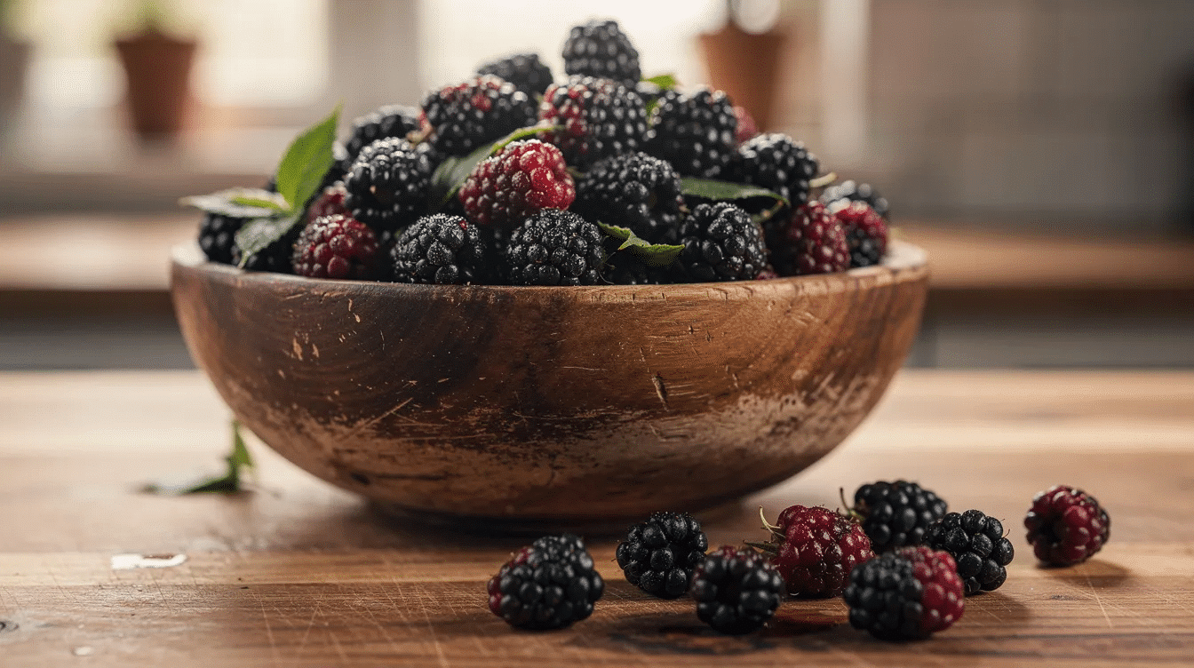 A rustic wooden bowl filled with fresh ripe blackberries sits on a kitchen counter, ready for making homemade blackberry jelly or jam. The vibrant berries showcase their rich color and texture, perfect for a delicious blackberry jelly recipe.