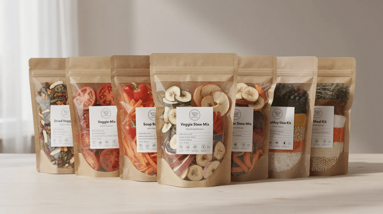 The image features various labeled bags containing dehydrated foods for camping, including dried vegetables, fruits, and meal ingredients like chicken pesto pasta and beef stroganoff. These shelf-stable options are ideal for backpacking trips, offering convenient homemade backpacking meals that require just hot water for preparation.